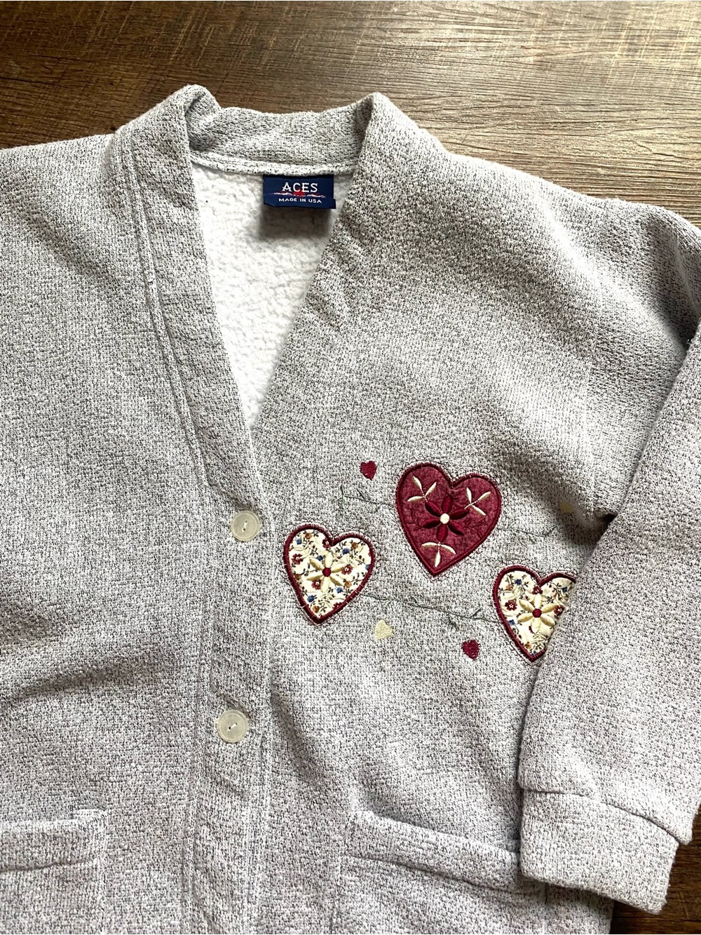 Vintage 90s ACES fleece cardigan sweatshirt embroidered hearts cottage granny M - Picture 7 of 12